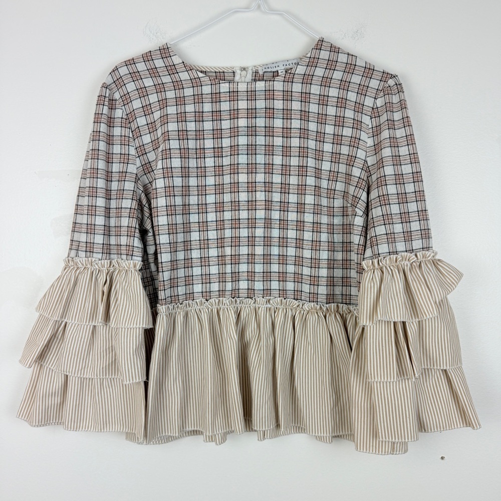 English Factory Plaid Ruffle Sleeve Peplum Blouse Cottagecore Preppy